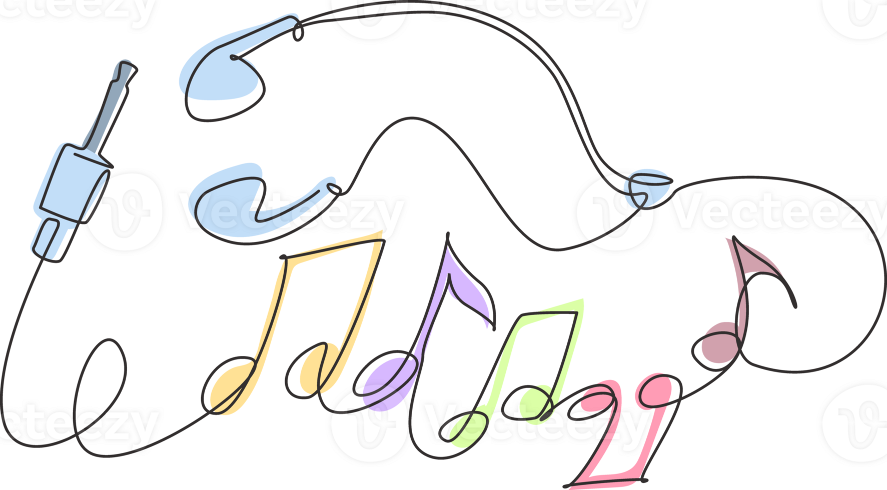 Single one line drawing earphones earbud type white color and music note symbol made from cable isolated on gradient background with copy space. Continuous line draw design graphic illustration png