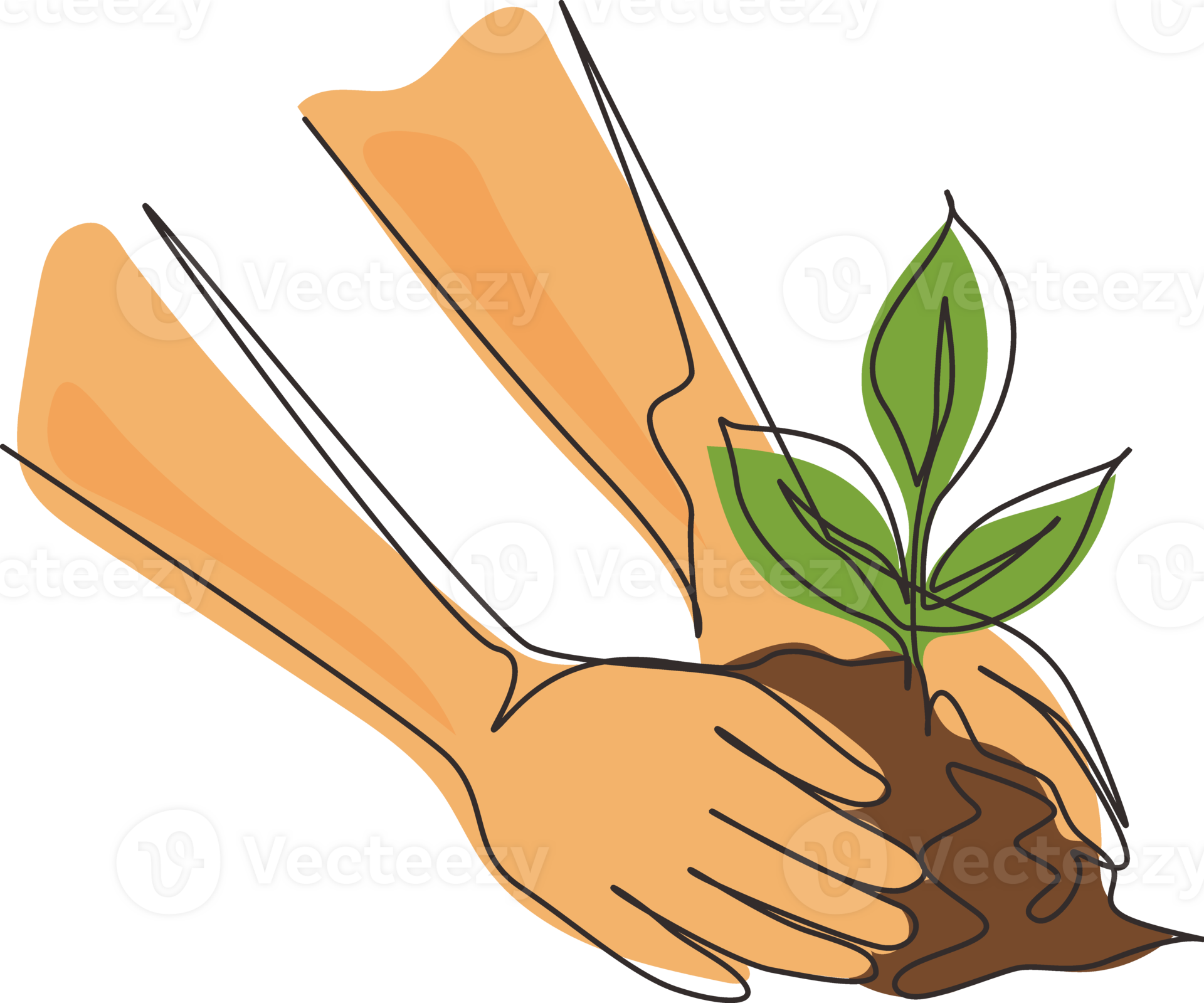 Single one line drawing planting young tree by kid hand on back soil as ...