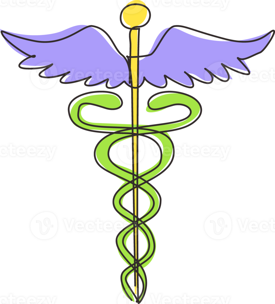 Célibataire continu ligne dessin caducée, médical centre, pharmacie, hôpital avec populaire symbole de médicament. médical santé se soucier icône logo. dynamique un ligne dessiner graphique conception illustration png