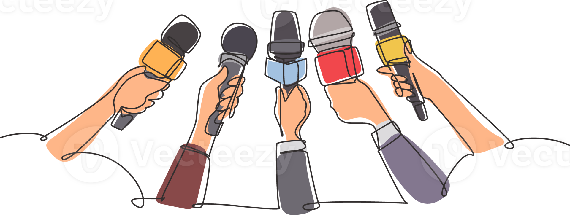 Single one line drawing interview concept with microphones on white background. Newsmakers and interviewers. Different tv signs. Hands holding devices. Continuous line draw design graphic png