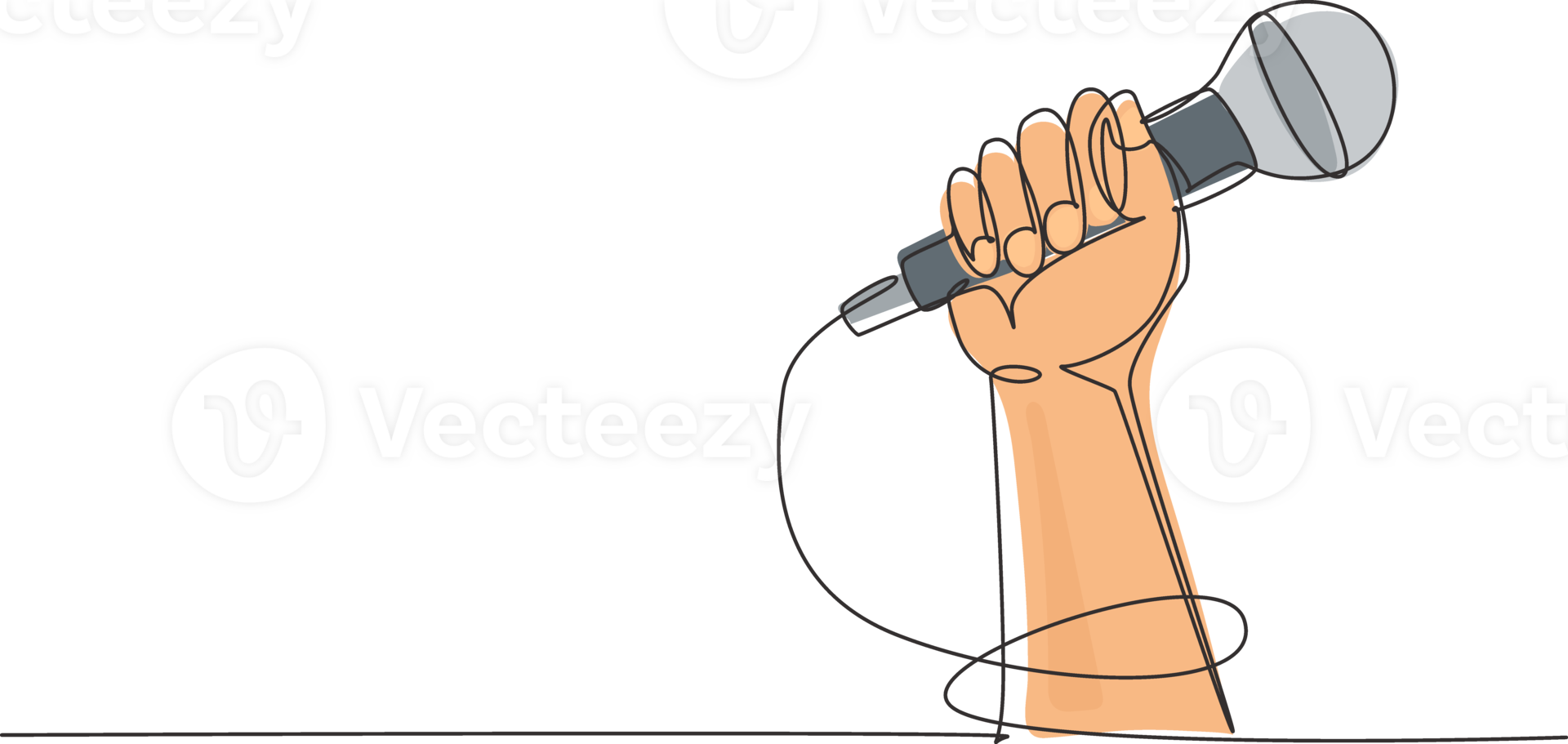 Single continuous line drawing microphone in hand, hand holding microphone in fist. Rock hand gesture holding microphone. Rock and roll music live. One line draw graphic design illustration png