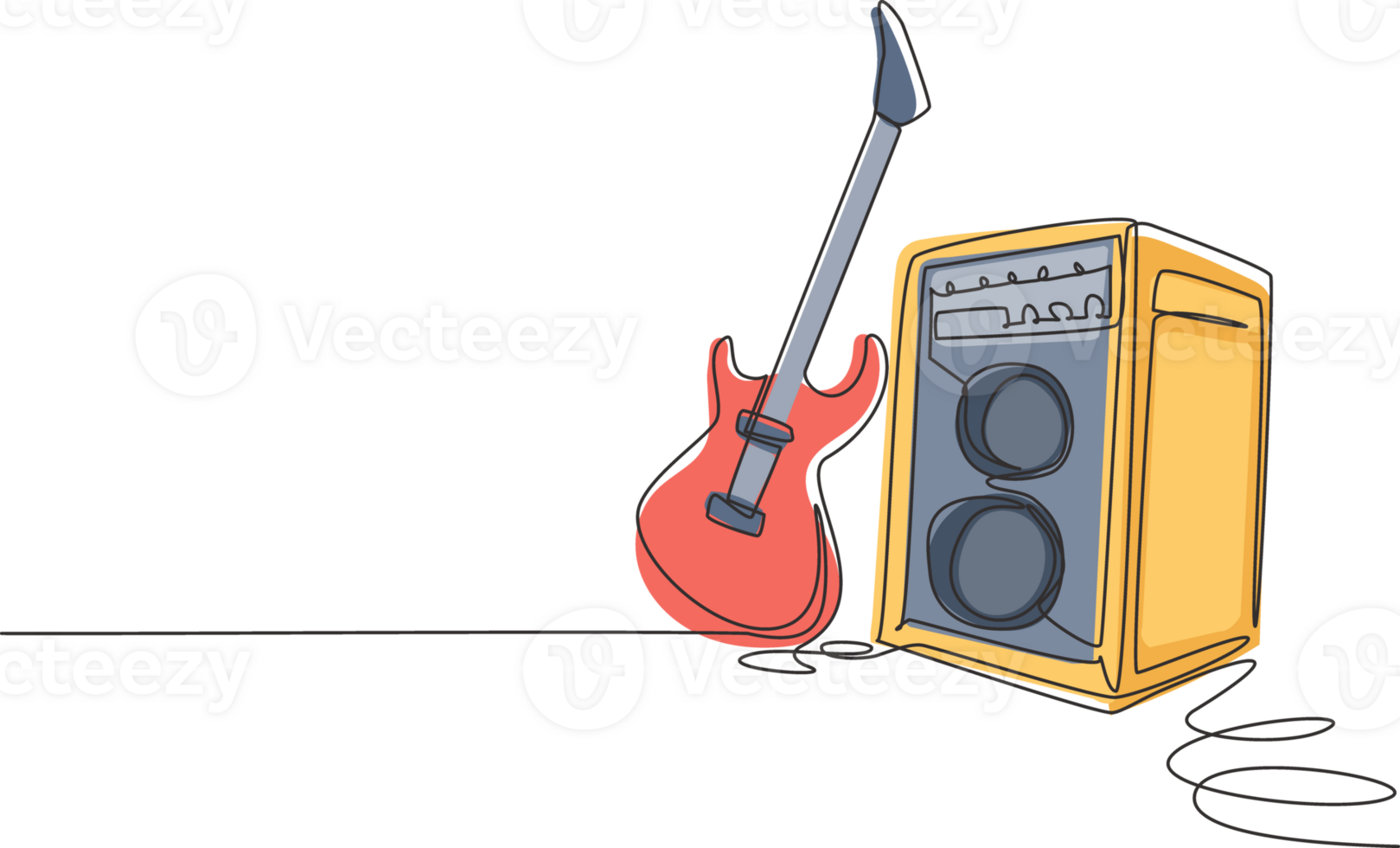 Single kontinuierlich Linie Zeichnung elektrisch Gitarre mit Verstärker. Felsen Musik- beleuchtet Bühne Hintergrund mit Mikrofon elektrisch Gitarre und Lautsprecher. einer Linie zeichnen Grafik Design Illustration png