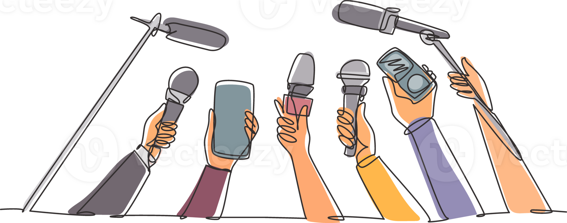 Continuous one line drawing hand with microphone. Journalism concept. Set of hands holding microphones. Press hands flat hand. Microphone. Journalist. Single line draw design illustration png