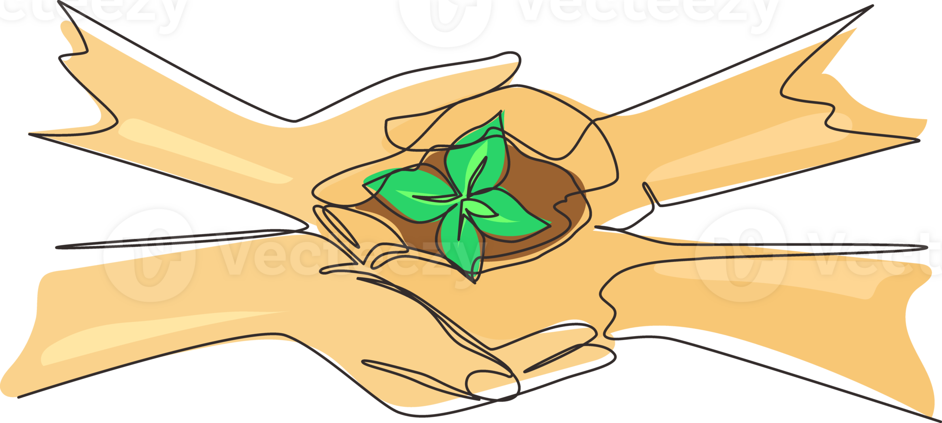 Single one line drawing two hands holding together young of a tree. Hands kids team work protecting and reduce global warming earth, top view. Continuous line draw design graphic illustration png