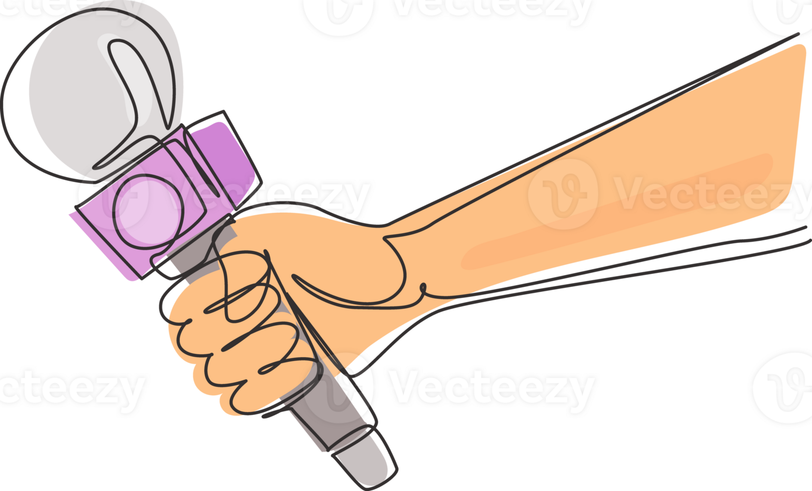 Continuous one line drawing visual on global news, journalism, live press report or interview with hand holding microphone and abstract media icons and symbols. Single line draw design graphic png