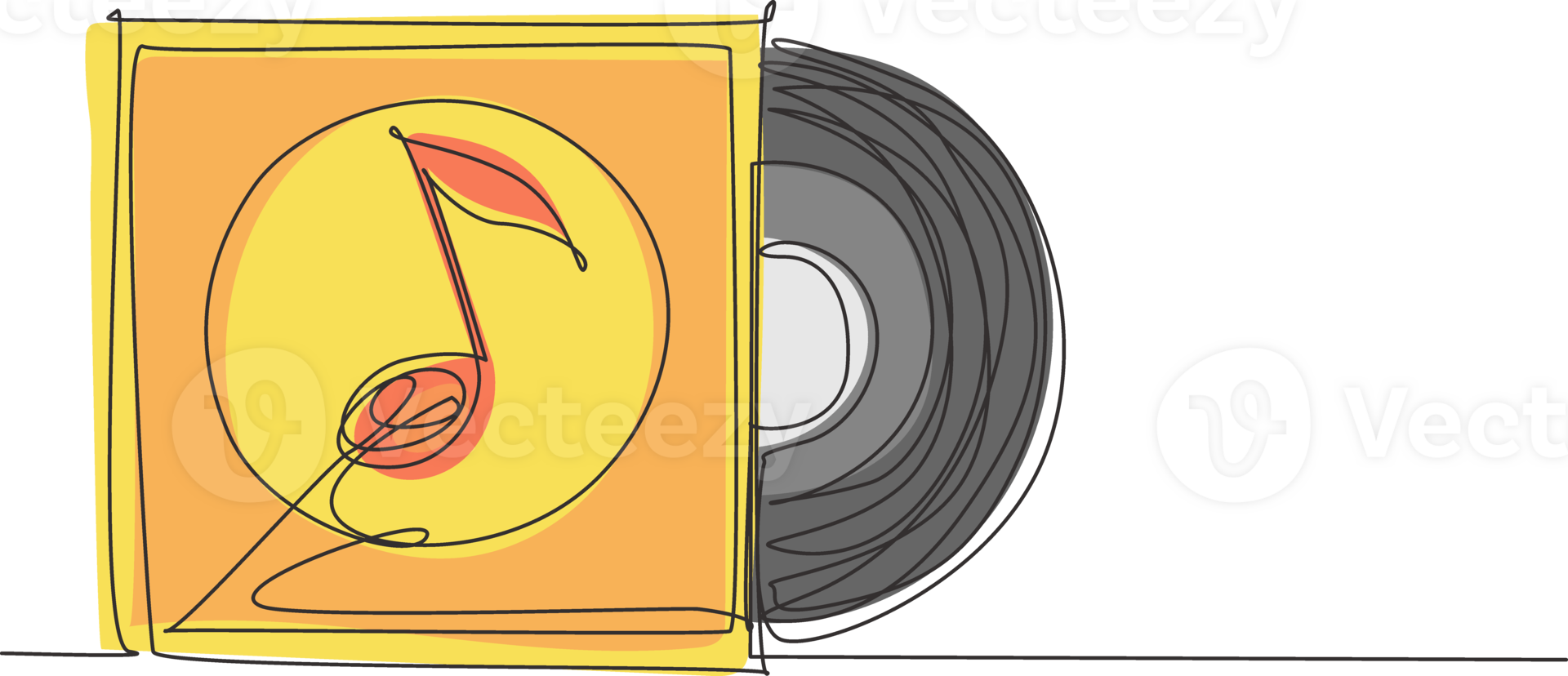 Continuous one line drawing Realistic vinyl record with cover mockup. Typography with headphones and sound wave. Music collection. Front view. Single line draw design graphic illustration png