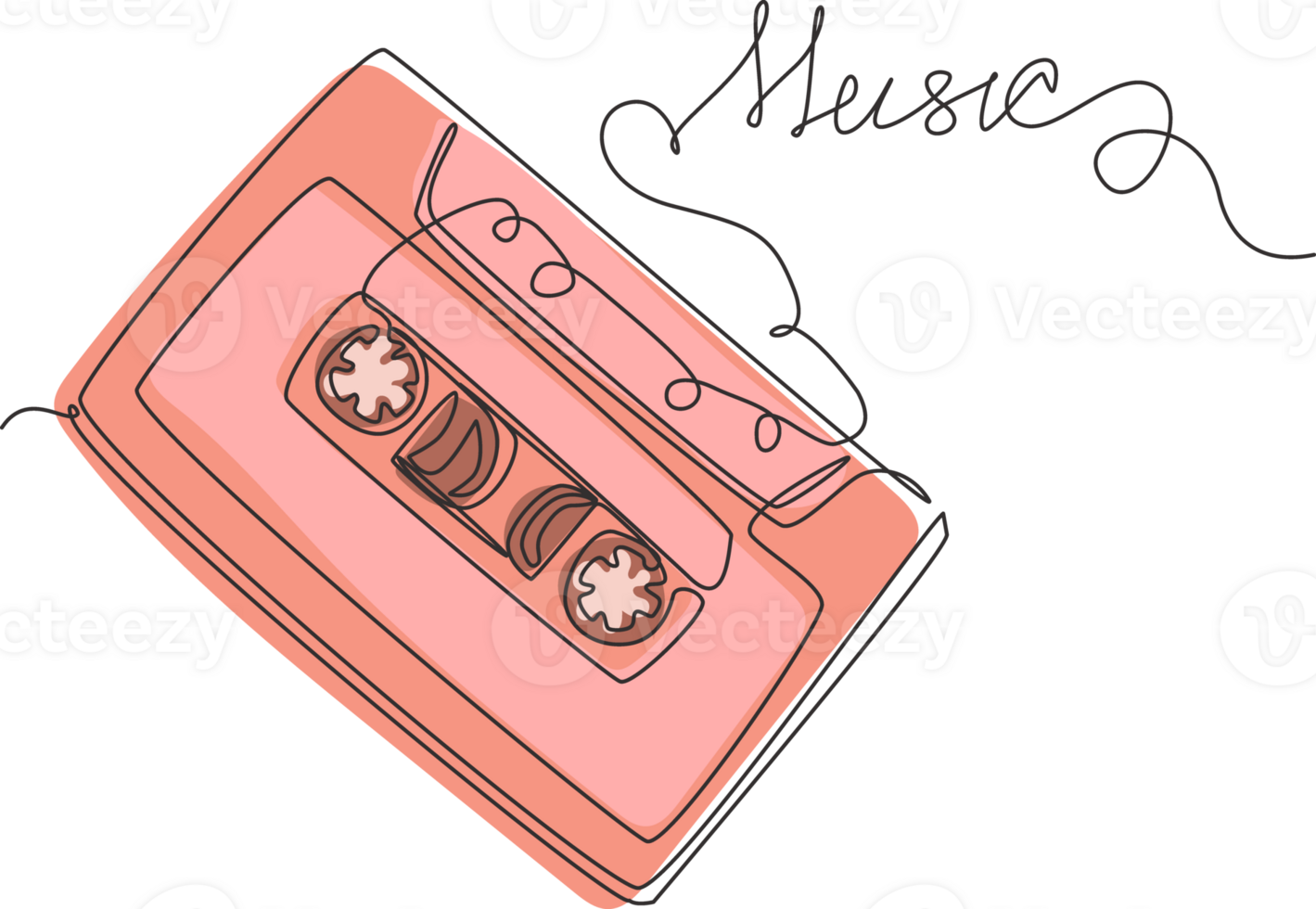 Continuous one line drawing music slogan with cassette tape illustration. Retro compact tape cassette. Vintage red audio cassette tape in doodle style isolated on white. Single line draw design png