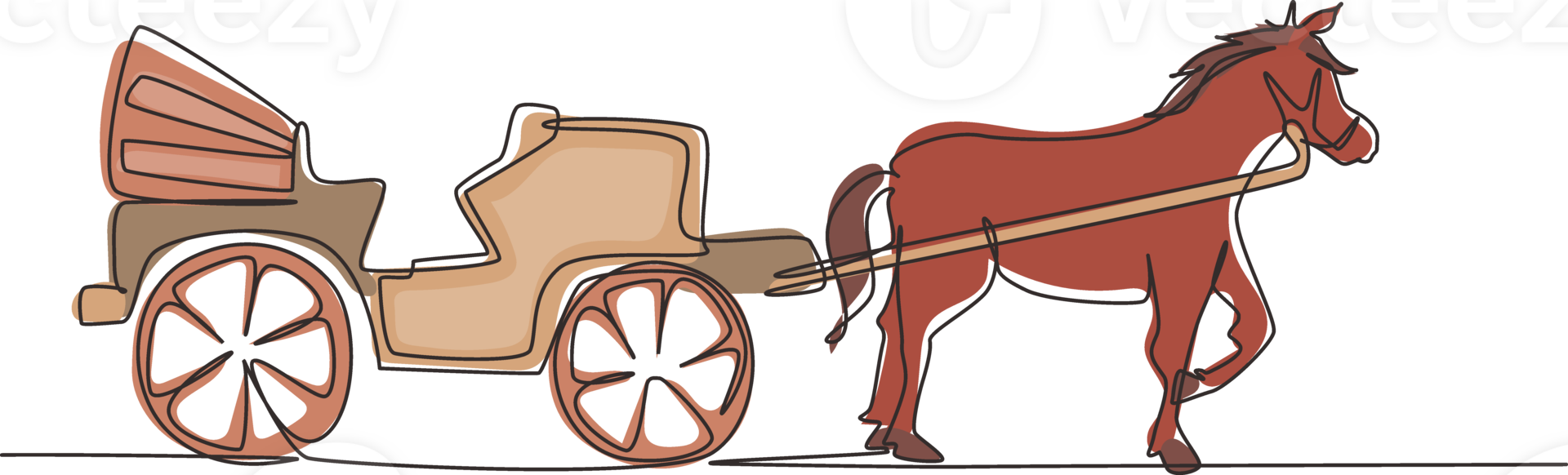 Single one line drawing vintage transportation, horse pulling carriage. Old carriage with a horse, a horse pulls a carriage behind him. Modern continuous line draw design graphic illustration png