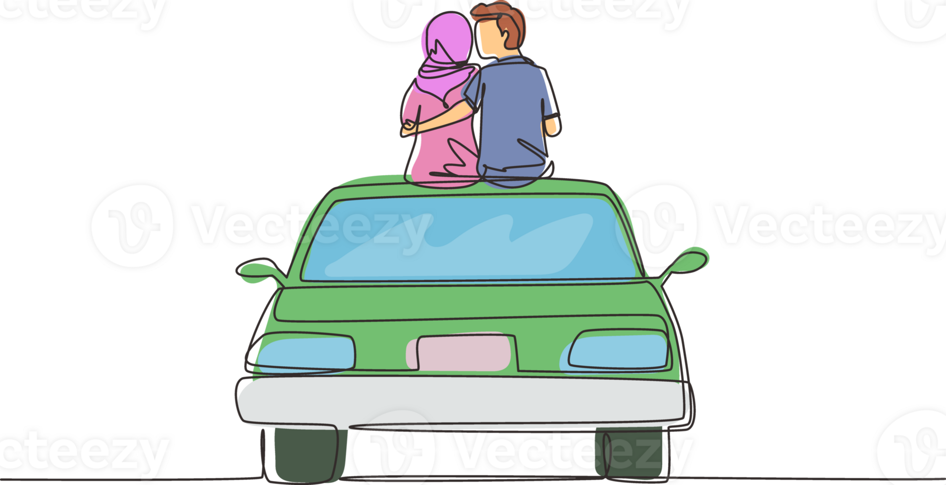 Single continuous line drawing two happy Arabian lovers sitting on roof of car and look at romantic scenery. Happy man and woman celebrating wedding anniversary. One line draw graphic design png