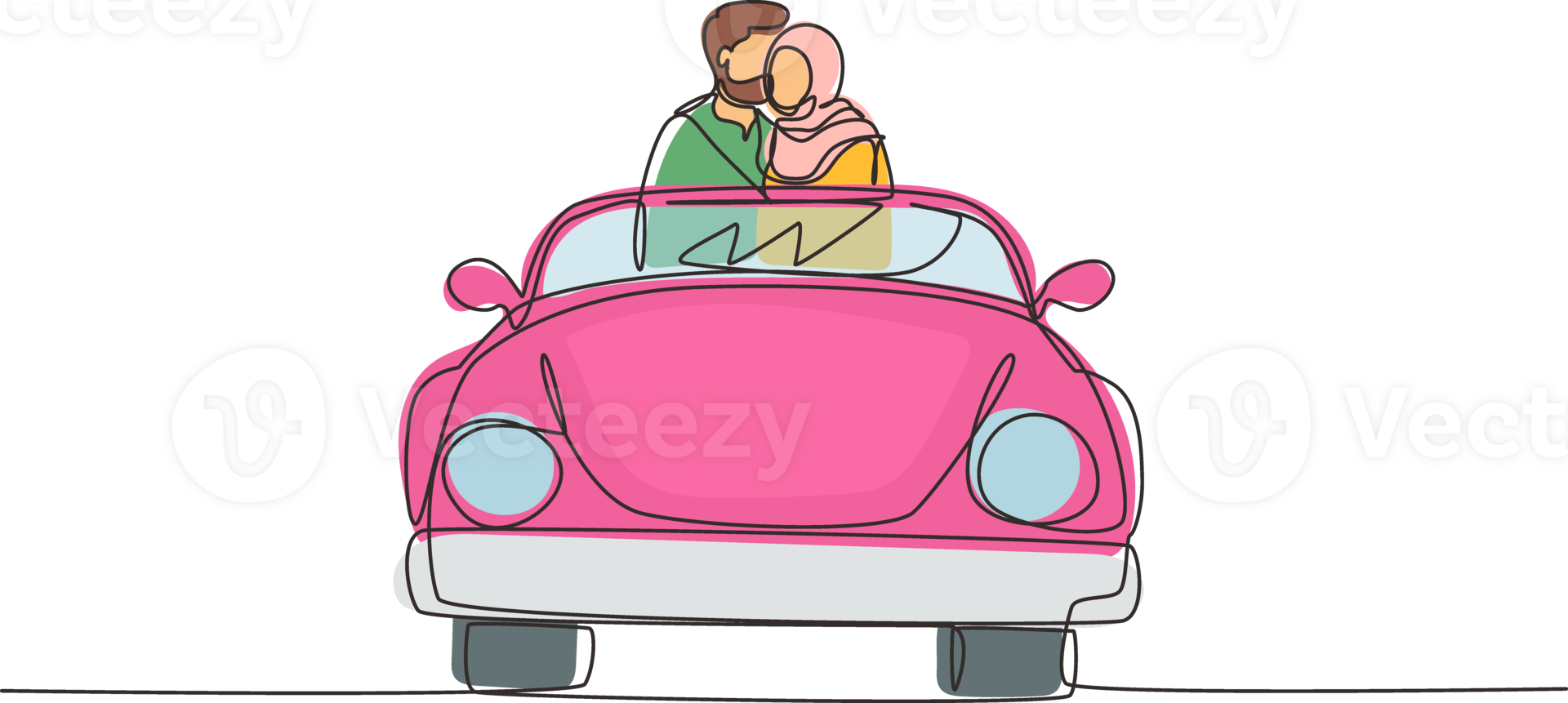 Single continuous line drawing happy Arabian couple on road trip in vintage retro car. Man and woman in vehicle. Married couple romantic relationship. One line draw graphic design illustration png