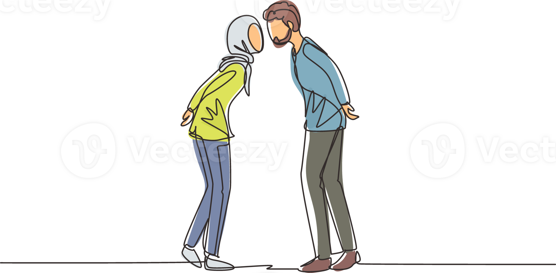 Single continuous line drawing Arabian boy and girl in love and kissing. Couple lovers kissing and hugging. Happy man and woman celebrating wedding anniversary. One line draw graphic design png