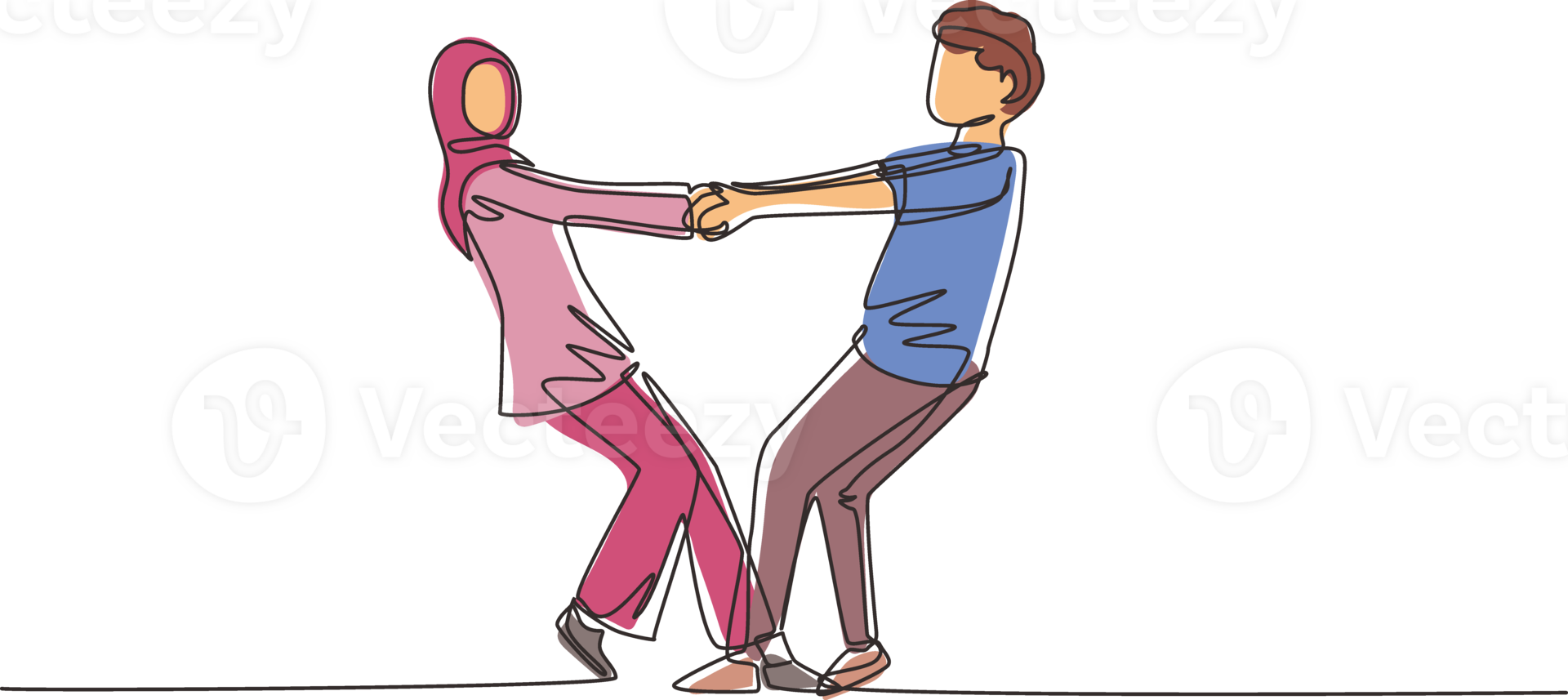 Célibataire un ligne dessin content arabe homme et femme dansant sur le sol à parc. romantique Jeune mariage couple en portant mains et filage autour. continu ligne dessiner conception graphique illustration png