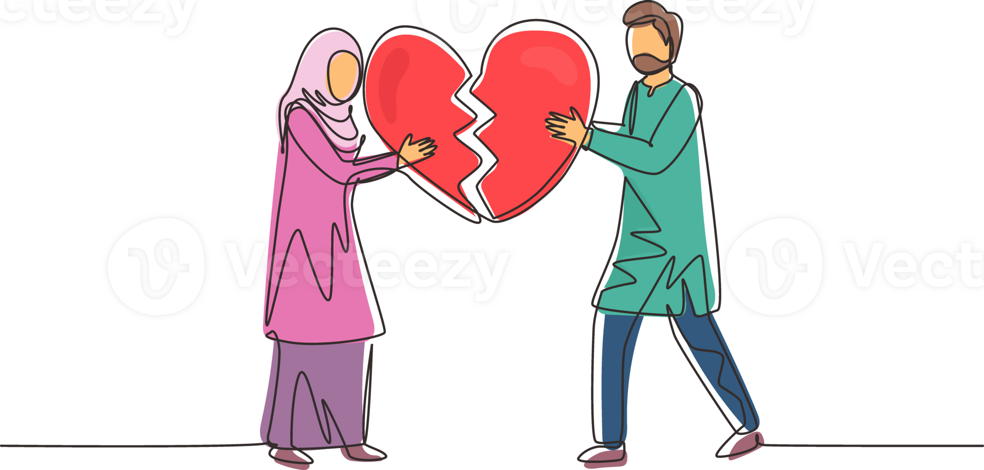 Single one line drawing heartbroken Arabic couple parting, divorce. Sad young man and woman trying to put together parts of broken heart. Modern continuous line draw design graphic illustration png