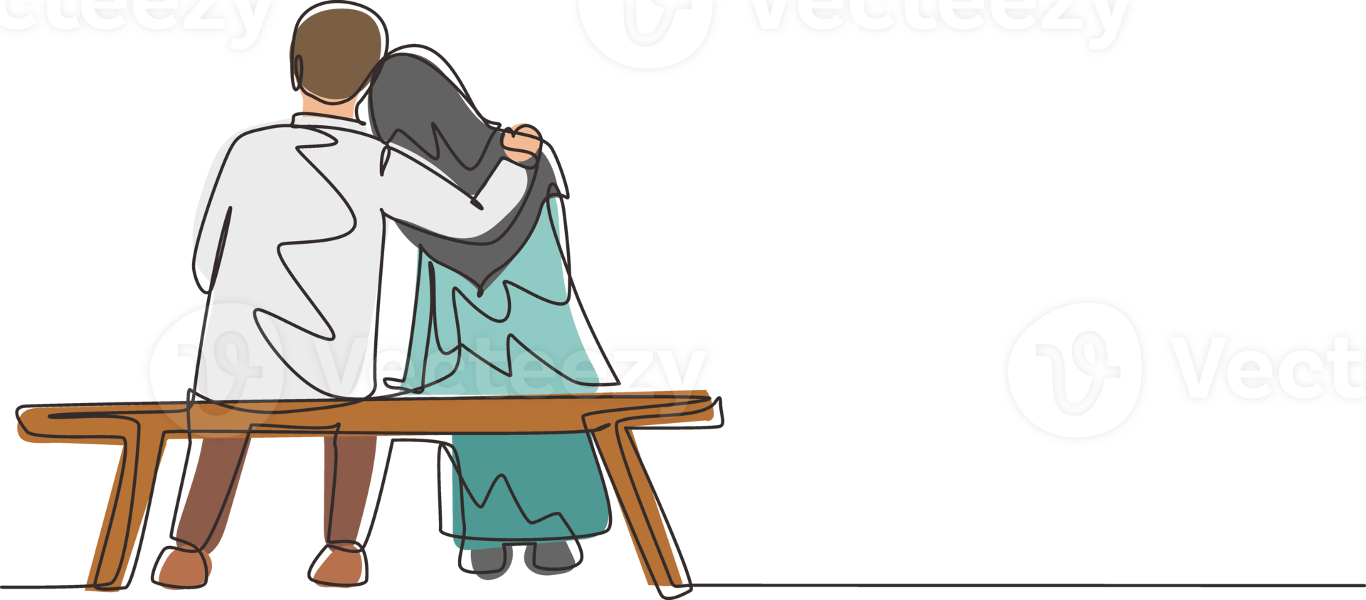 Continuous one line drawing back view romantic Arab couple chatting and hugging while sitting on bench. Couple getting ready for wedding. Engagement and love relation. Single line draw vector graphic png