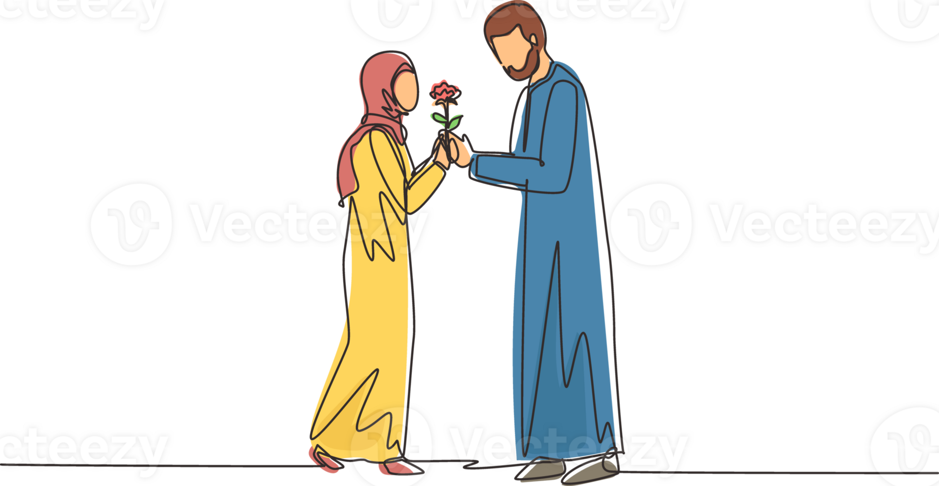 Single continuous line drawing adorable happy Arab couple in love on romantic date. Cute smiling boy giving rose flower to girl. Young man and woman met for dating. One line draw graphic design png