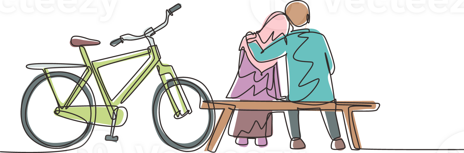 Continuous one line drawing back view romantic Arabian couple chatting while sitting and hugging on bench. Happy cute man woman riding an electric bike. Single line design graphic illustration png