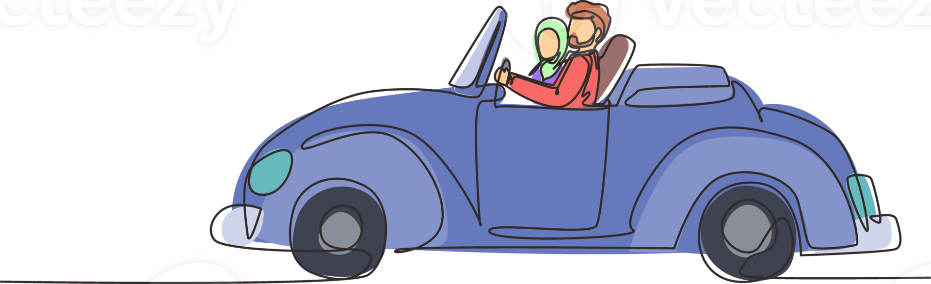 Single continuous line drawing cute elegant couple on road trip in vintage retro car. Happy Arabian man and woman in vehicle. Married couple romantic relationship. One line draw graphic design png