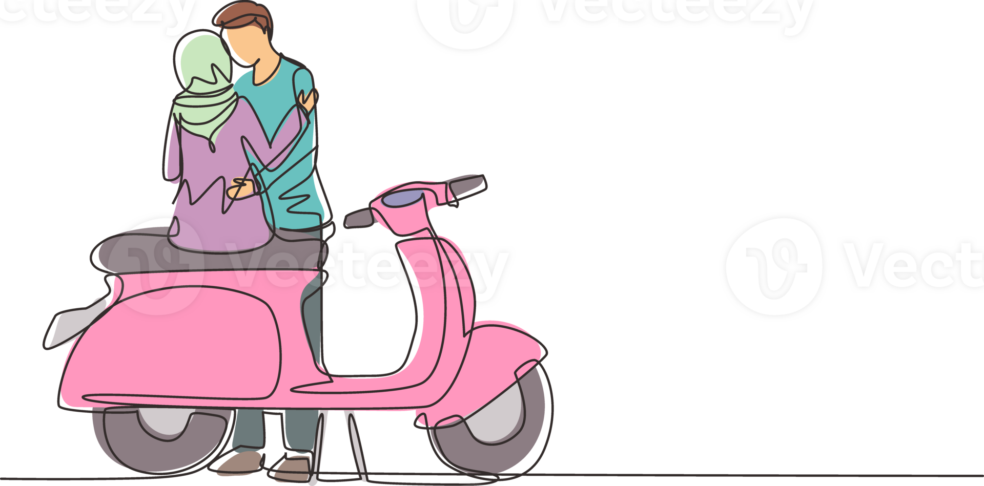 single een lijn tekening terug visie Arabisch paar Aan datum buitenshuis, vriendin en vriendje met motorfiets, verliefd relatie. romantisch weg reis. doorlopend lijn ontwerp grafisch illustratie png