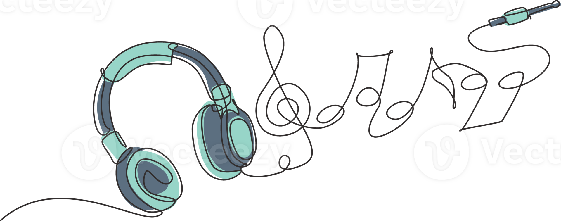 singolo continuo linea disegno cuffia. musica aggeggio e Nota. Audio cuffie schema schizzo. Linea artistica concetto di musicale simbolo. dinamico uno linea disegnare grafico design illustrazione png