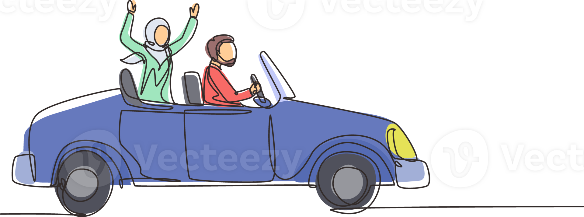 Continuous one line drawing newly married Arabian couple groom in vehicle. Happy man and woman riding wedding car. Married couple romantic relationship. Single line design graphic illustration png