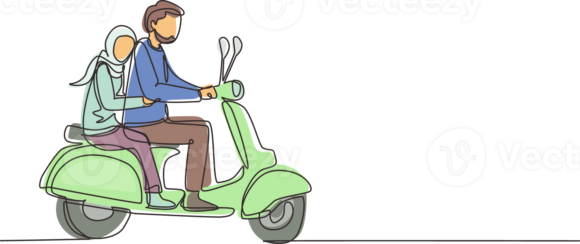 Single continuous line drawing Arabian couple riding motorcycle. Man driving scooter and woman are passenger while hugging. Driving around city. Drive safely. One line draw design illustration png