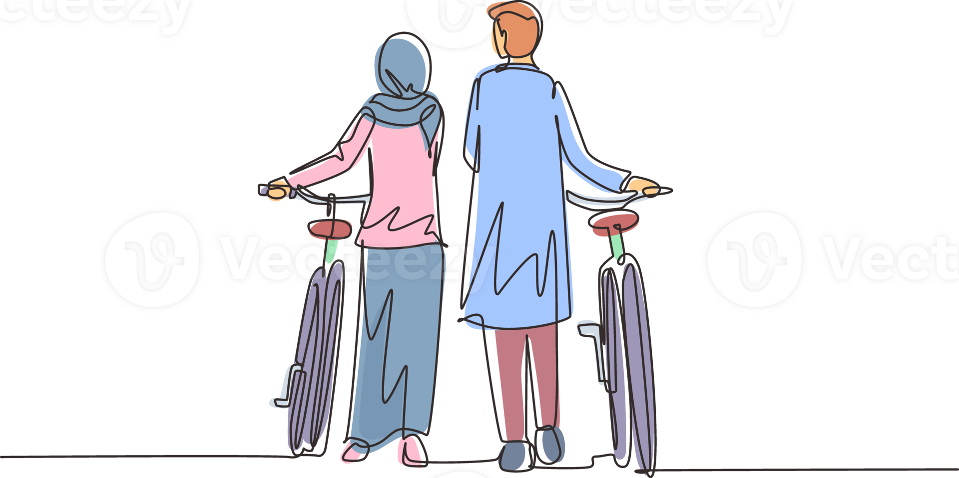 Single continuous line drawing rear view couple Arab man and woman walking together with bicycle. Young boy and girl in love. Happy romantic married couple. Dynamic one line draw graphic design png