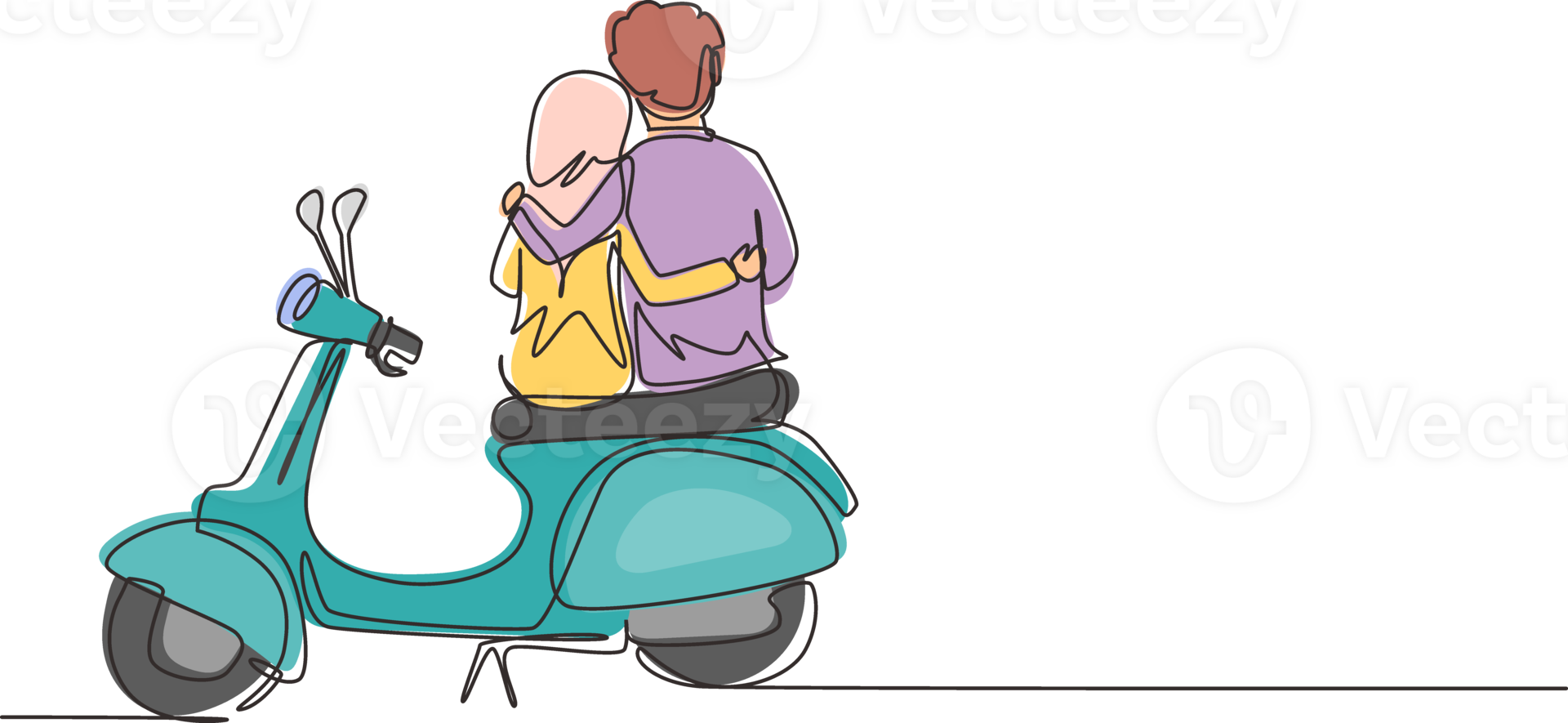 Continuous one line drawing back view Arabic riders couple trip travel relax. Romantic honeymoon moments with hugging. Man with woman riding scooter motorcycle. Single line draw design graphic png