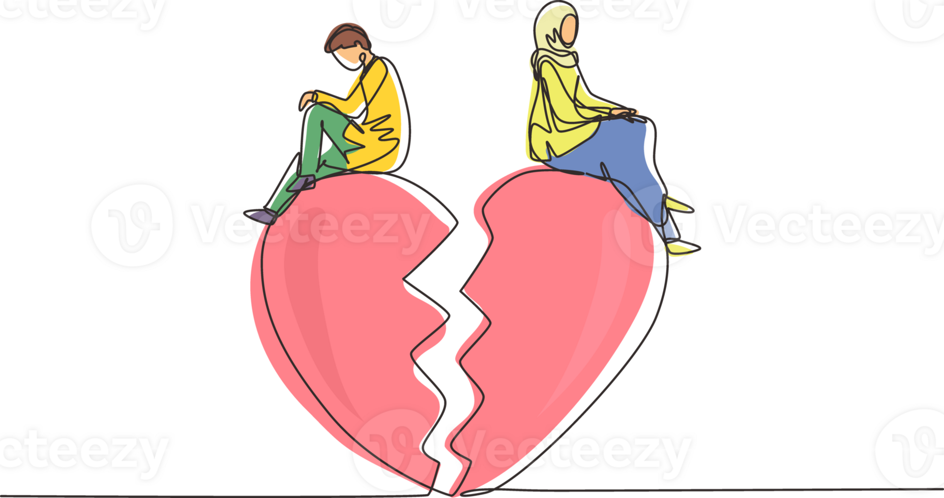 Continuous one line drawing relationship break up, broken heart, couple facing opposite direction. Arabian couple sitting on big broken heart shape. Single line draw design graphic illustration png