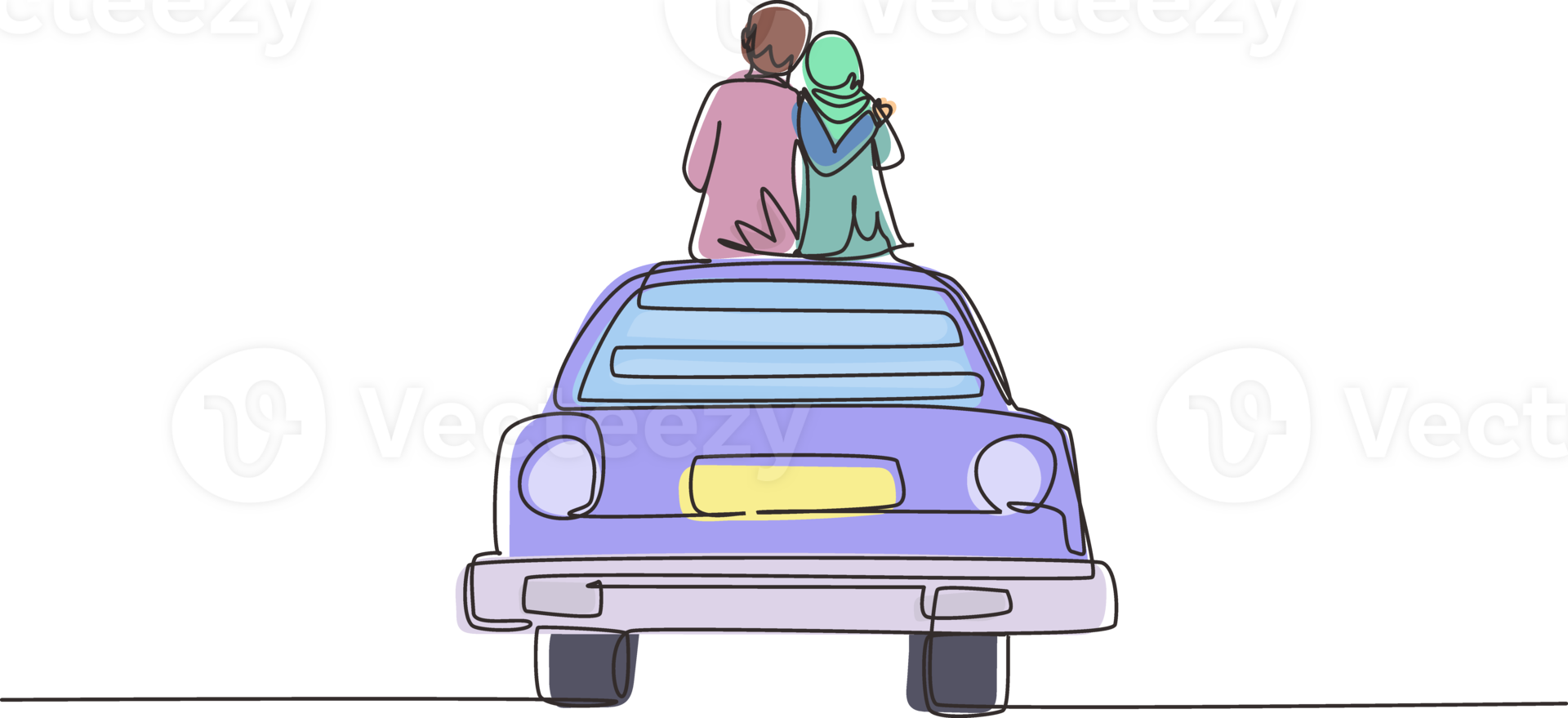 Single one line drawing back view loving Arabian couple sitting on the vintage car. Happy couple getting ready for wedding. Engagement and love relations. Continuous line draw design graphic png