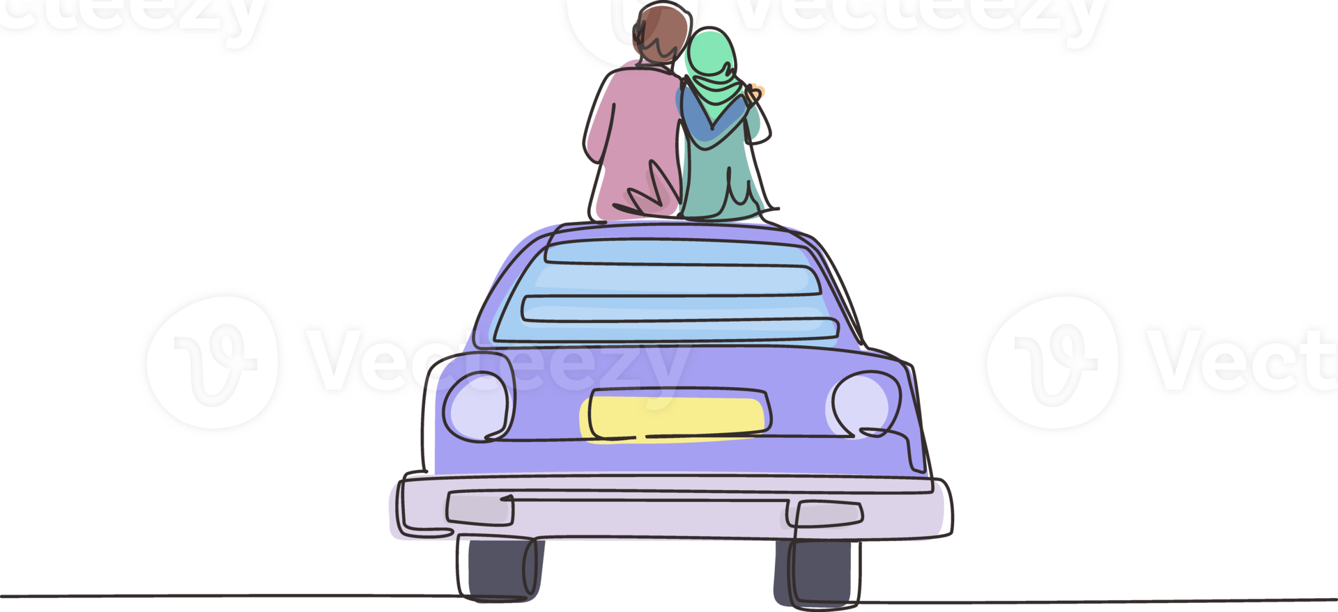 Célibataire un ligne dessin retour vue aimant arabe couple séance sur le ancien auto. content couple avoir prêt pour mariage. engagement et l'amour rapports. continu ligne dessiner conception graphique png