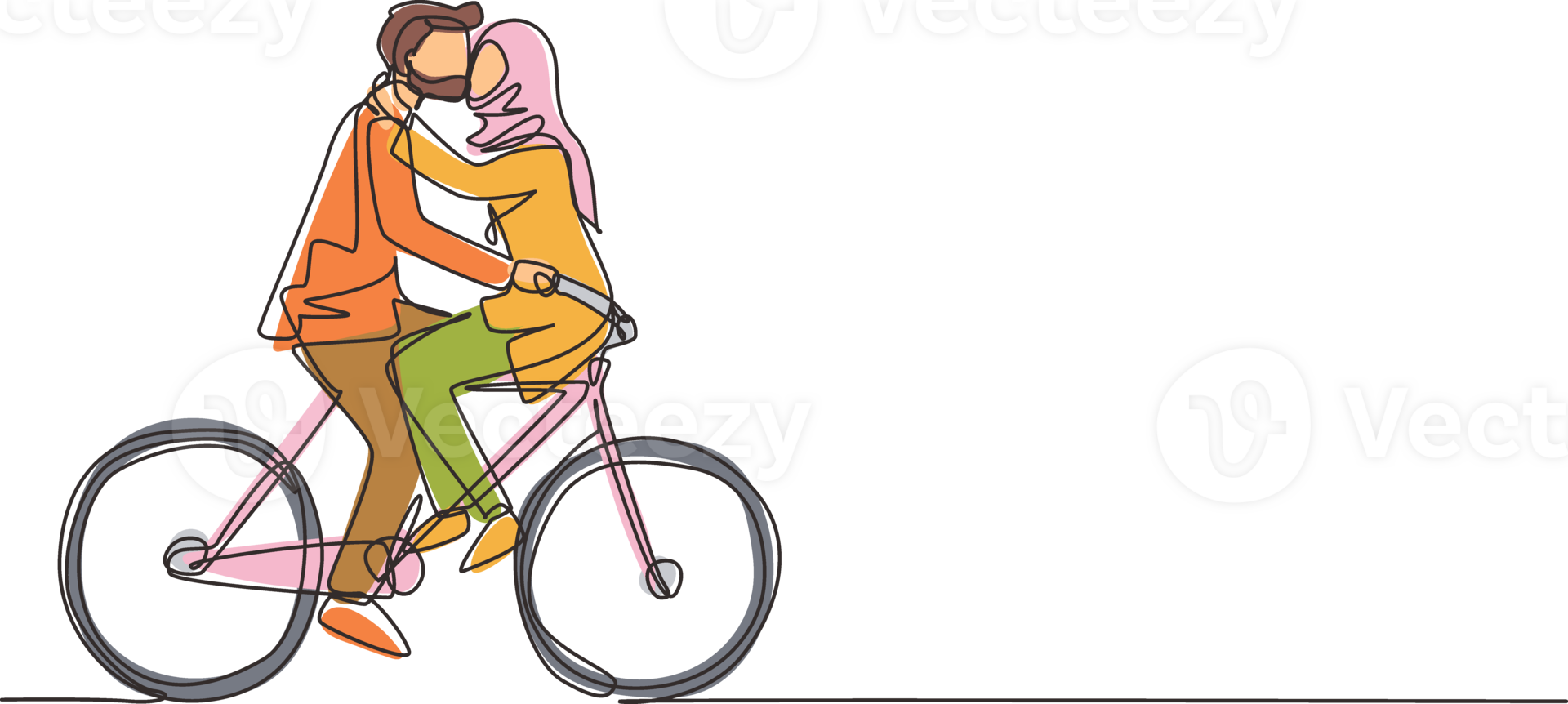 Single one line drawing active Arabian couple riding on bike together. Happy enamored man and woman cyclist hugging feeling love. Smiling people enjoying outdoors activity. Continuous line draw design png