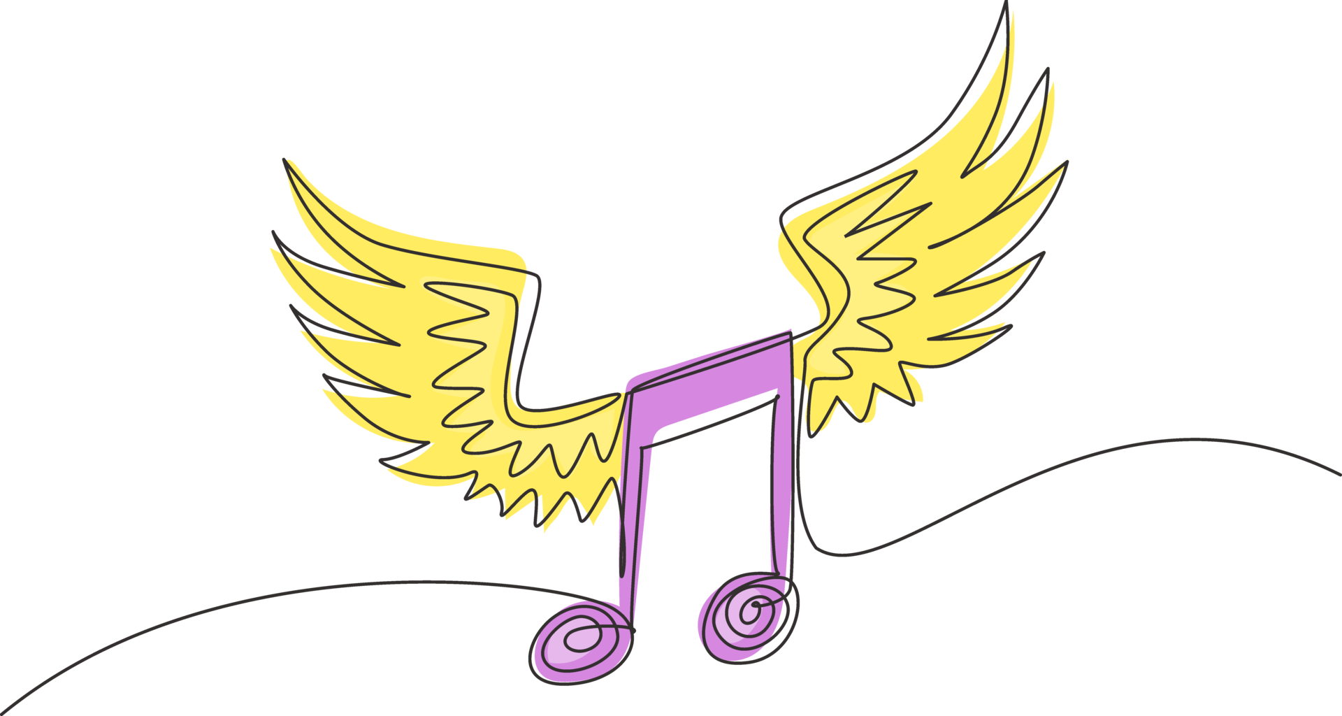 Single continuous line drawing musical notation with wings. Music