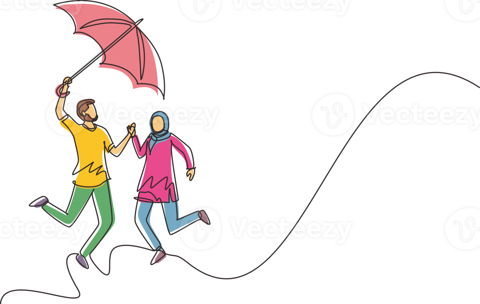 Single continuous line drawing Arabic couple in love walking under rain with umbrella. Man and woman walking along city street and jumping. Married couple romantic relationship. One line draw graphic png