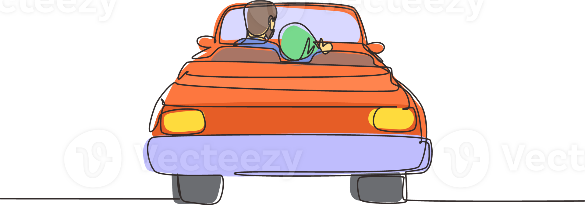 dessin en ligne continue unique vue arrière couple arabe aimant assis et serrant dans une voiture décapotable. homme femme se prépare pour le mariage. fiançailles et relations amoureuses. conception graphique à une ligne png