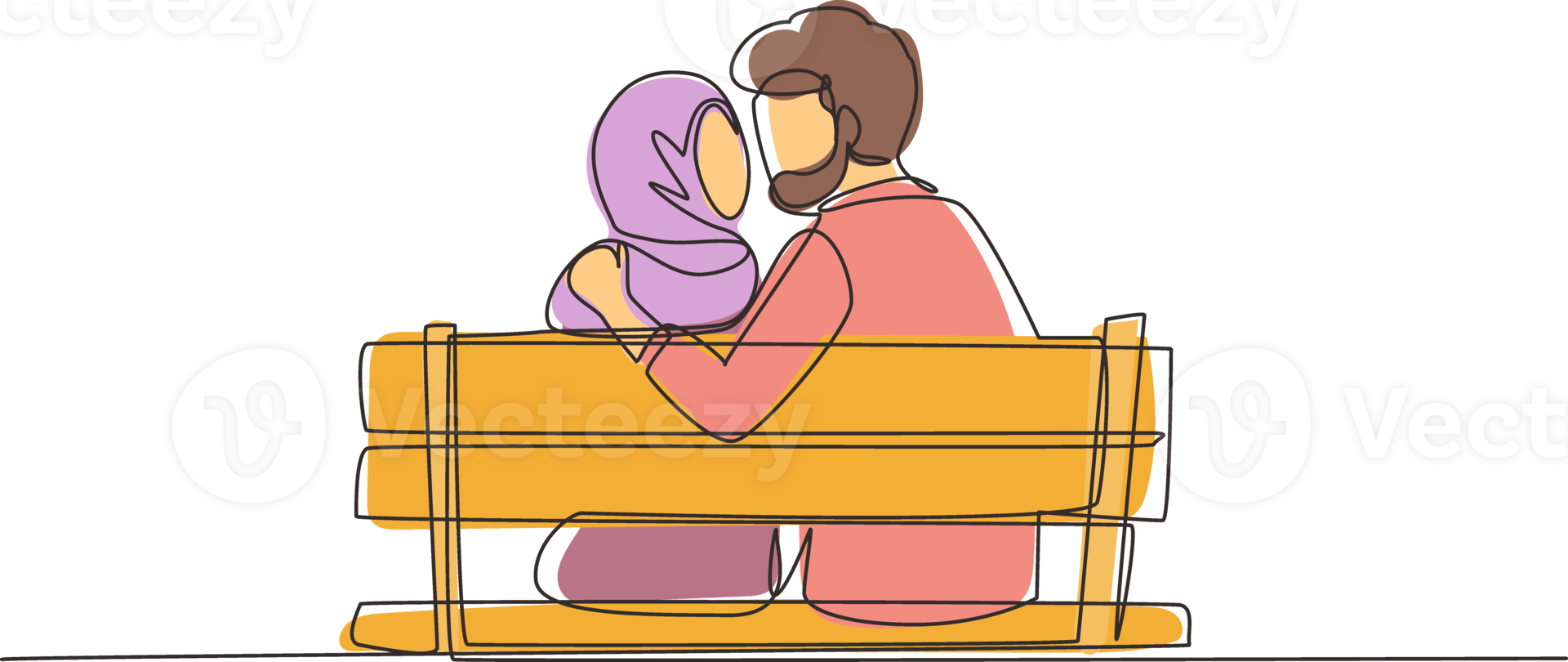 Continuous one line drawing back view Arabian couple kissing sitting on bench in park romantic scenery. Happiness guy and girl relationship in love. Single line draw design graphic illustration png