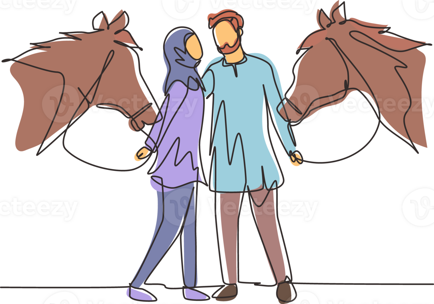 Single einer Linie Zeichnung romantisch arabisch Paar mit Pferde. Mann und Frau Treffen zum Dating mit Reiten Pferd. Engagement und Liebe Beziehung. modern kontinuierlich Linie zeichnen Design Grafik Illustration png