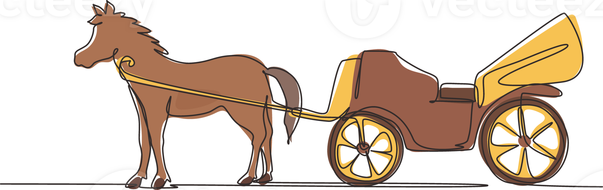 Single continuous line drawing vintage transportation, horse pulling carriage. Continuous line draw design graphic illustration png
