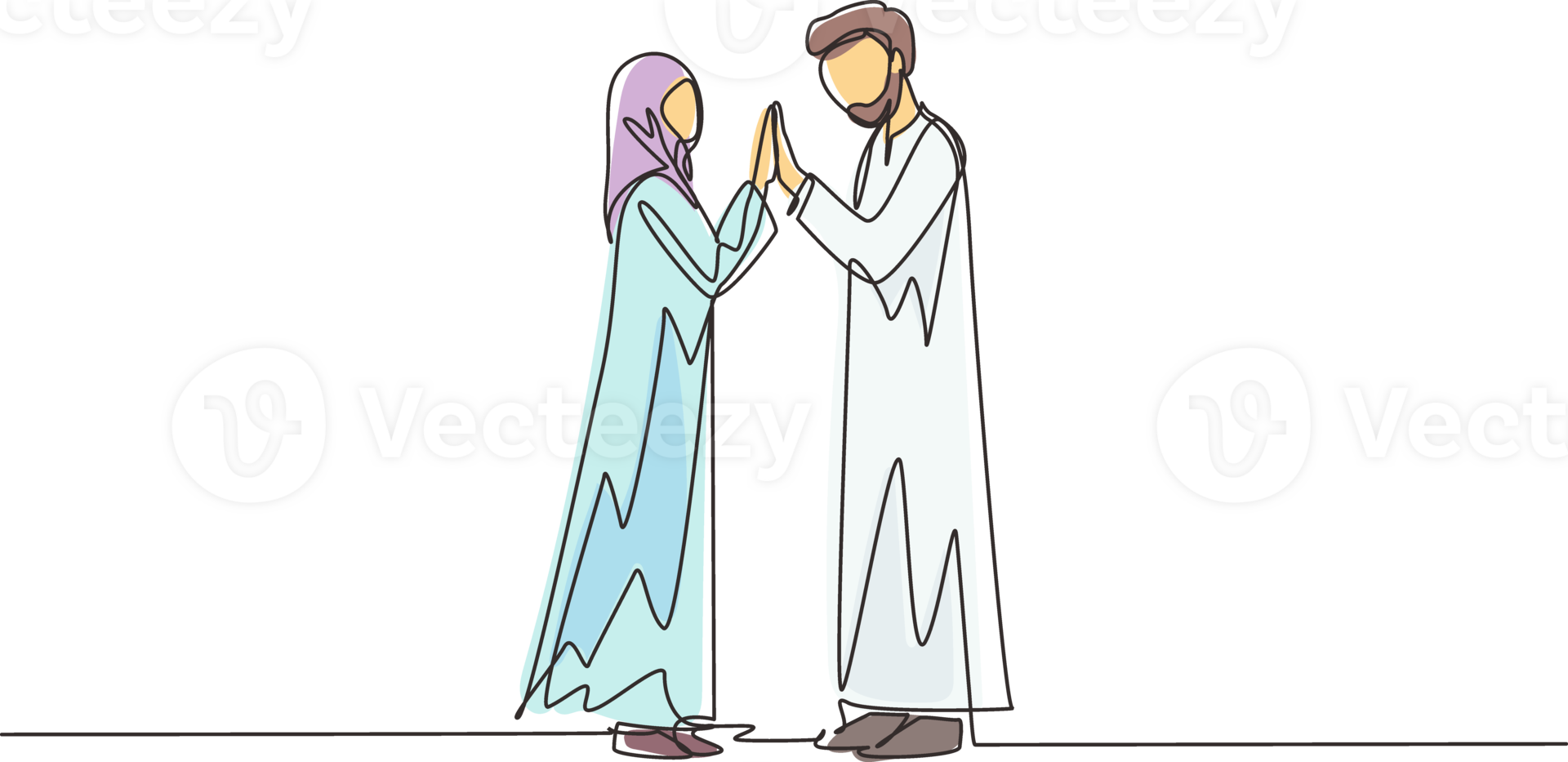 Single one line drawing Arabian man and woman holding hands and looking in each other eyes. Couple in love spending time together outdoors. Happy family concept. Continuous line design graphic png