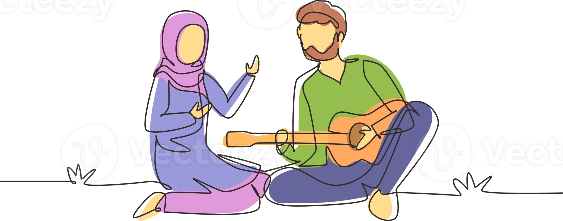 soltero continuo línea dibujo árabe Pareja de amantes tiene picnic en naturaleza. romántico hombre jugando música en guitarra, niña escucha y canto juntos. uno línea dibujar gráfico diseño ilustración png