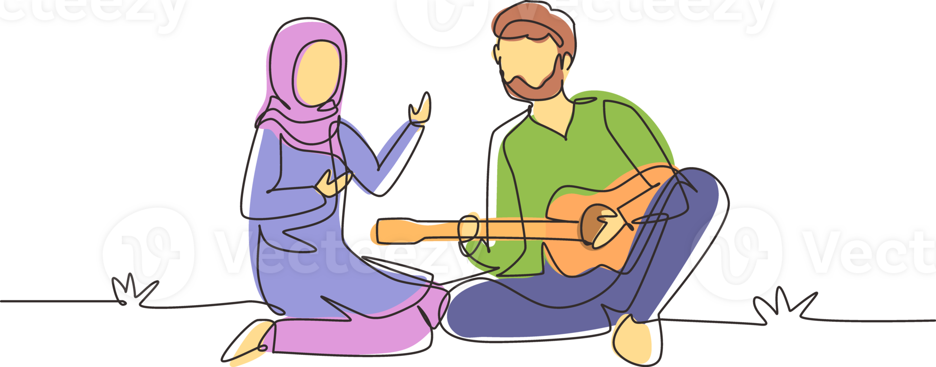 Single continuous line drawing Arabian couple of lovers has picnic on nature. Romantic man playing music on guitar, girl listen and singing together. One line draw graphic design illustration png