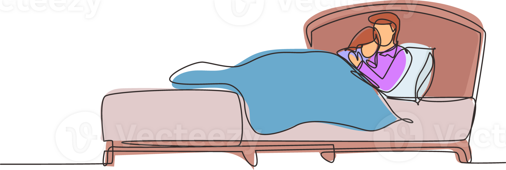 Single continuous line drawing wife and husband hugging and lying on