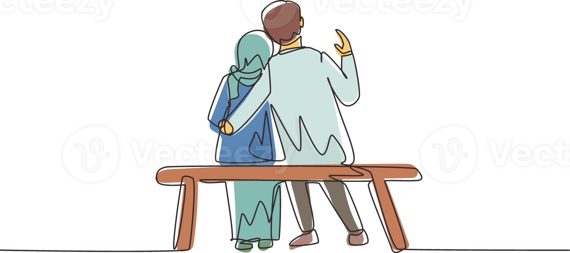 Continuous one line drawing embracing Arabian couple sitting on bench. Happy family concept. Couple in relationship in love. Happy man hugging his partner woman. Single line draw design graphic png