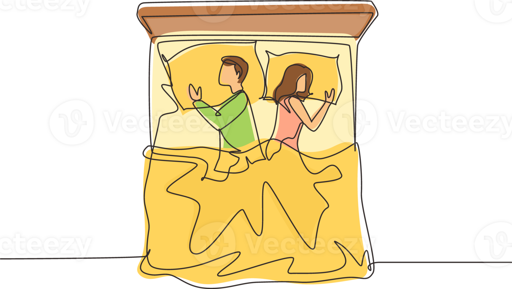 Continuous one line drawing man and woman sleeping on bed. Couple lying backs to each other during night rest. Romantic couple resting at night. Single line draw design graphic illustration png