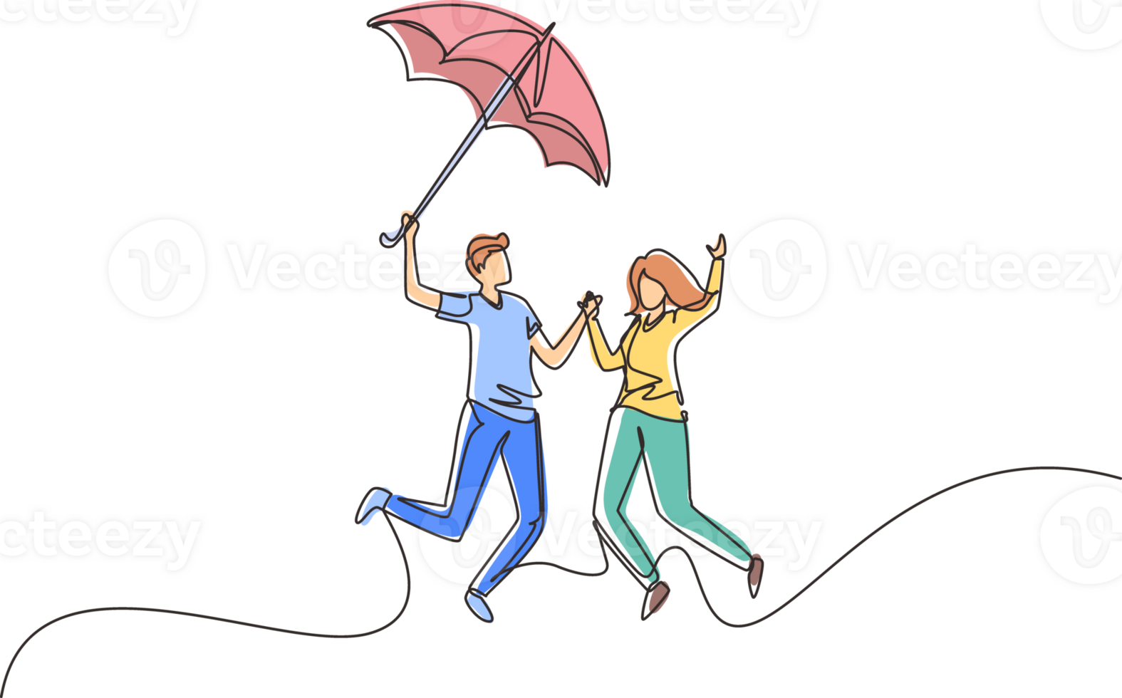 Continuous one line drawing couple in love walking under rain with umbrella. Man and woman walking along city street and jumping. Married couple romantic relationship. Single line draw design png