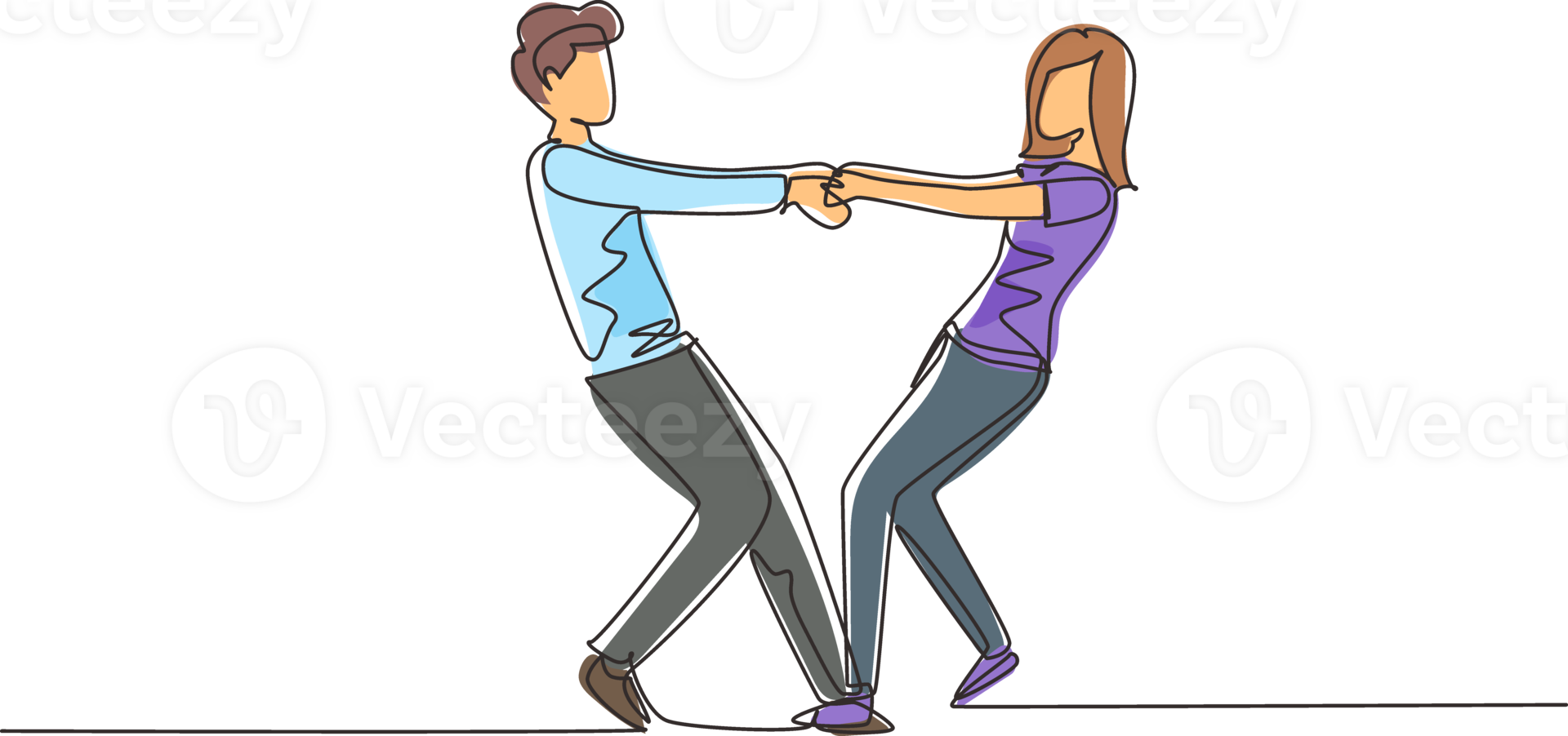 Single continuous line drawing happy cute boy and girl dancing on the floor at home. Romantic young wedding couple holding hands and spinning around. One line draw graphic design illustration png