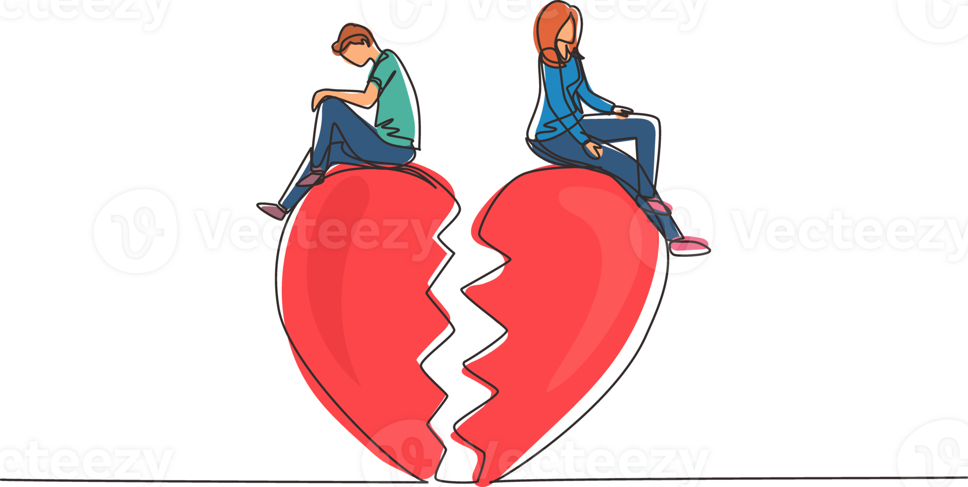 Single continuous line drawing relationship break up, broken heart, couple facing opposite direction. Couple sitting on big broken heart shape. Dynamic one line draw graphic design illustration png