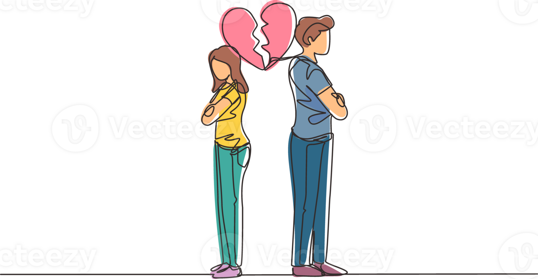 Single continuous line drawing divorced couple or couples are angry. Relationship break up, broken heart, couple facing opposite direction. Dynamic one line draw graphic design illustration png