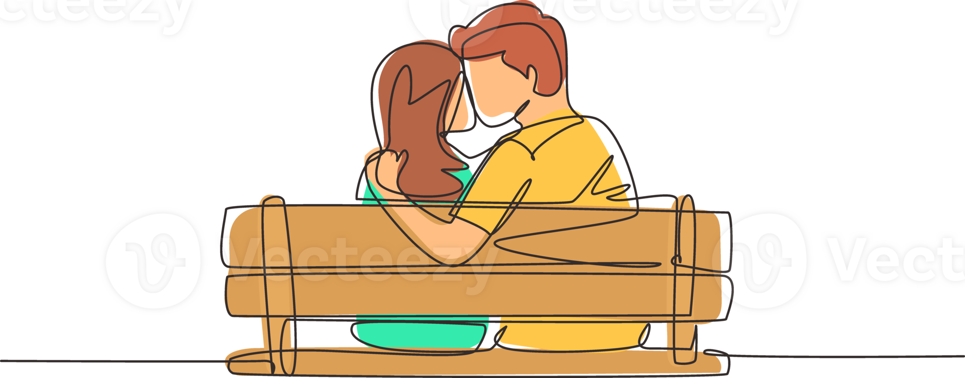 Single one line drawing couple sweet kissing sitting on bench in park romantic scenery. Happiness guy and girl relationship in love. Modern continuous line draw design graphic illustration png