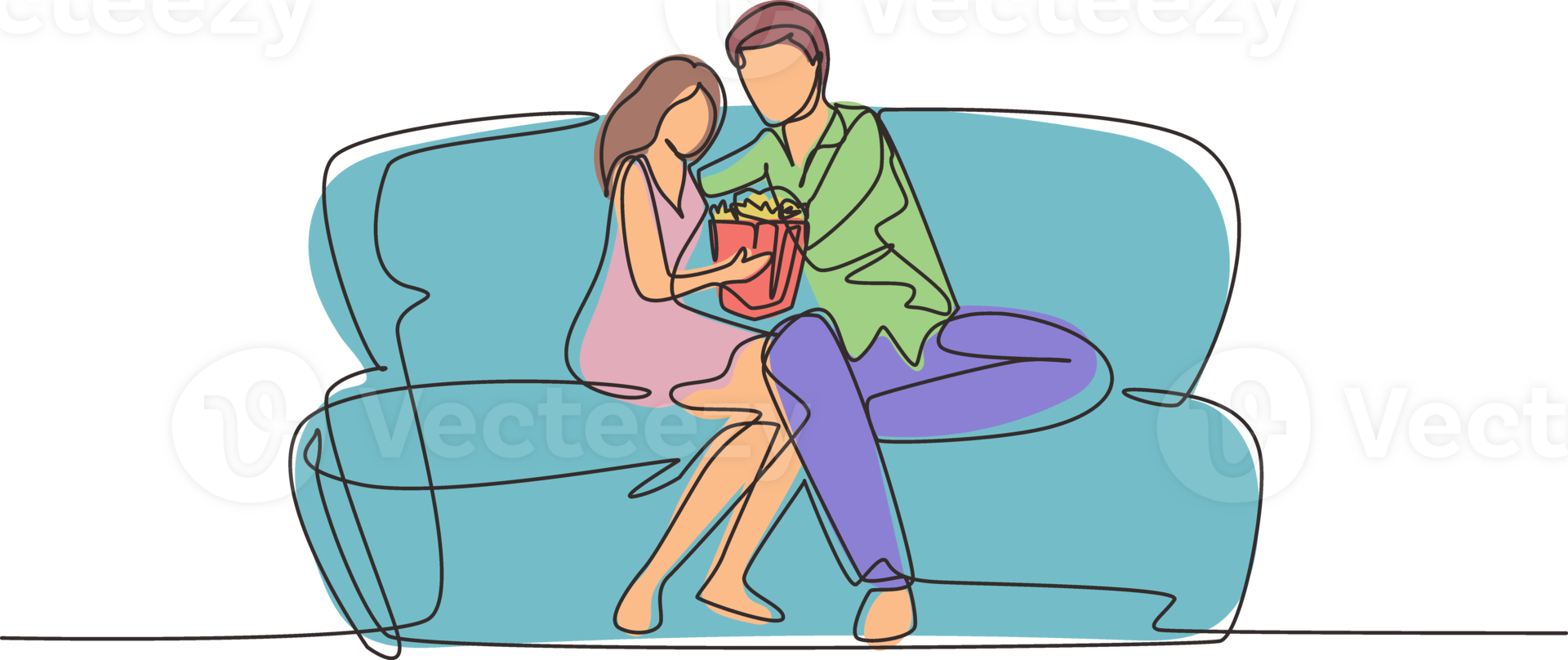 Continuous one line drawing couple at home resting on couch watching movie and eating popcorn. Domestic relax evening. Man and woman on cozy sofa. Single line draw design graphic illustration png