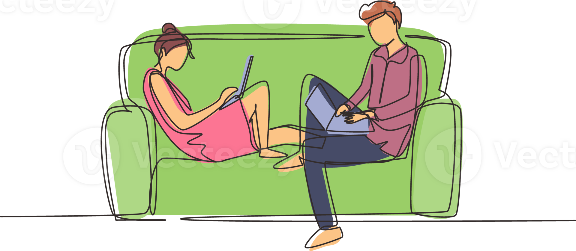 Single continuous line drawing young couple using laptop on sofa and obsessed with devices gadgets, people internet technology addiction concept. One line draw graphic design illustration png